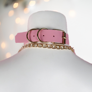 A pink choker neck collar with buckle fastening, has a decorative bow to the front with large pink and white bell, it also comes with a gold chain lead.  Back View