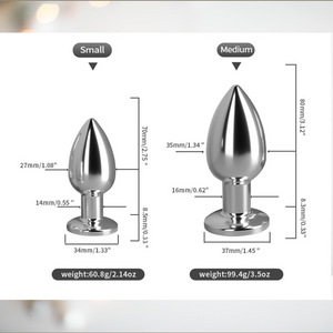 Full measurements for small and medium stainless steel anal plug.