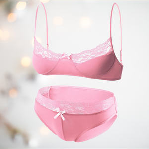Showing the pink bandeau style bra and bikini panties with lace edging.