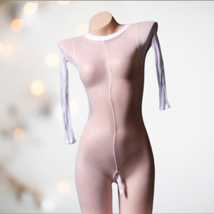 Shown on a model, the white full length sleeved body stocking, made from nylon, it's designed to feel like you are wearing soft nylon over your whole body, including the penis sheath.